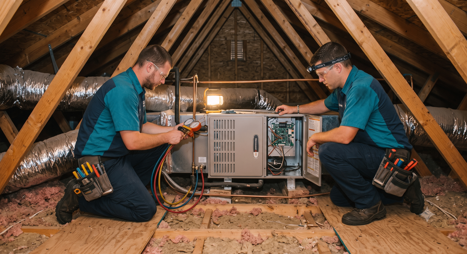 T. Mechanical technicians servicing an HVAC system